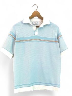 Vintage 1960s Pale Blue Stripe Sweater Polo with Tan Accent